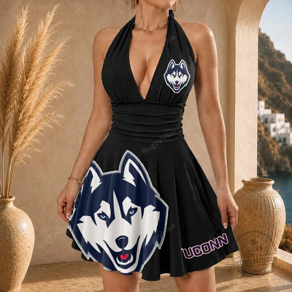UConn Huskies NCAA College Sports Team Black Halter Neck Mini Dress
