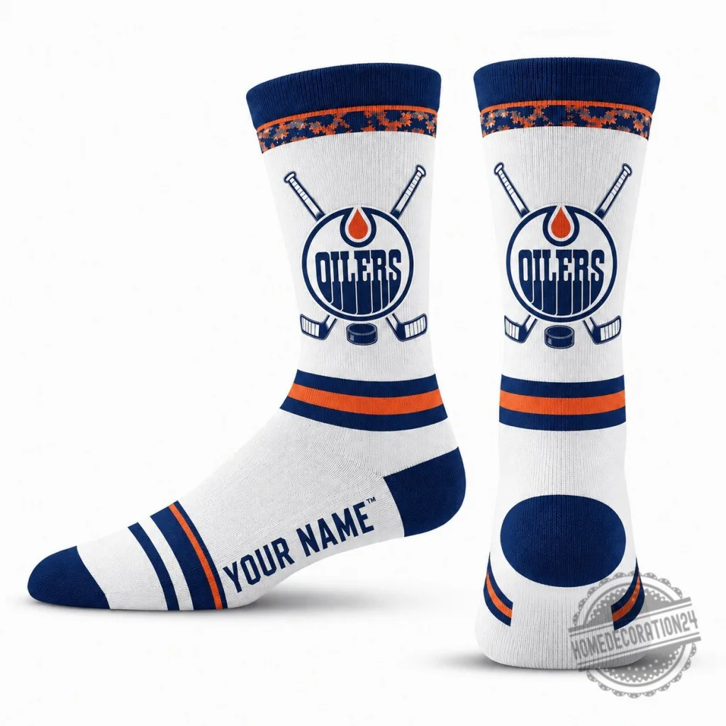 Edmonton Oilers NHL Hockey Team Personalized White Striped Crew Socks Edmonton Oilers NHL Hockey Team Personalized White Striped Crew Socks