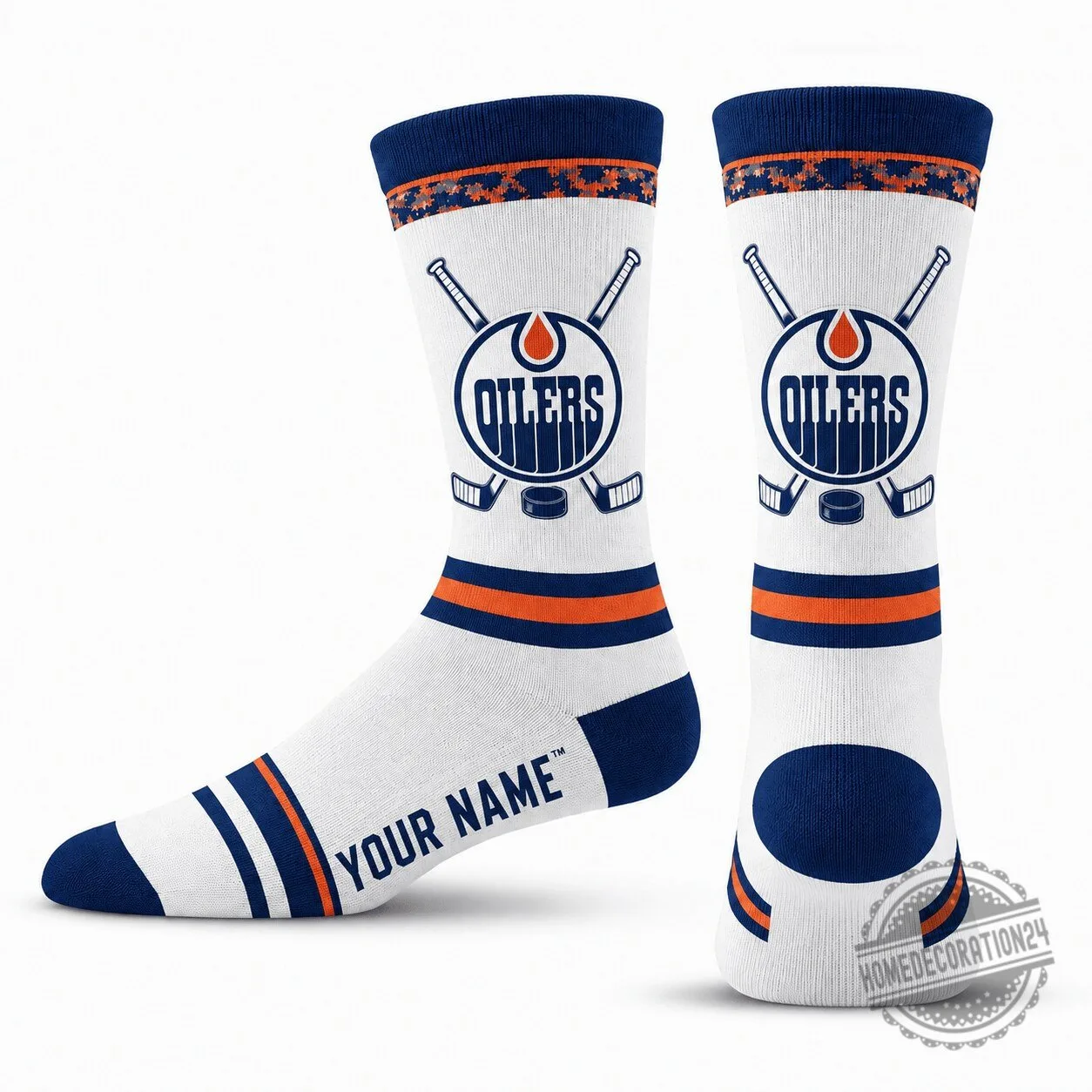 Edmonton Oilers NHL Hockey Team Personalized White Striped Crew Socks