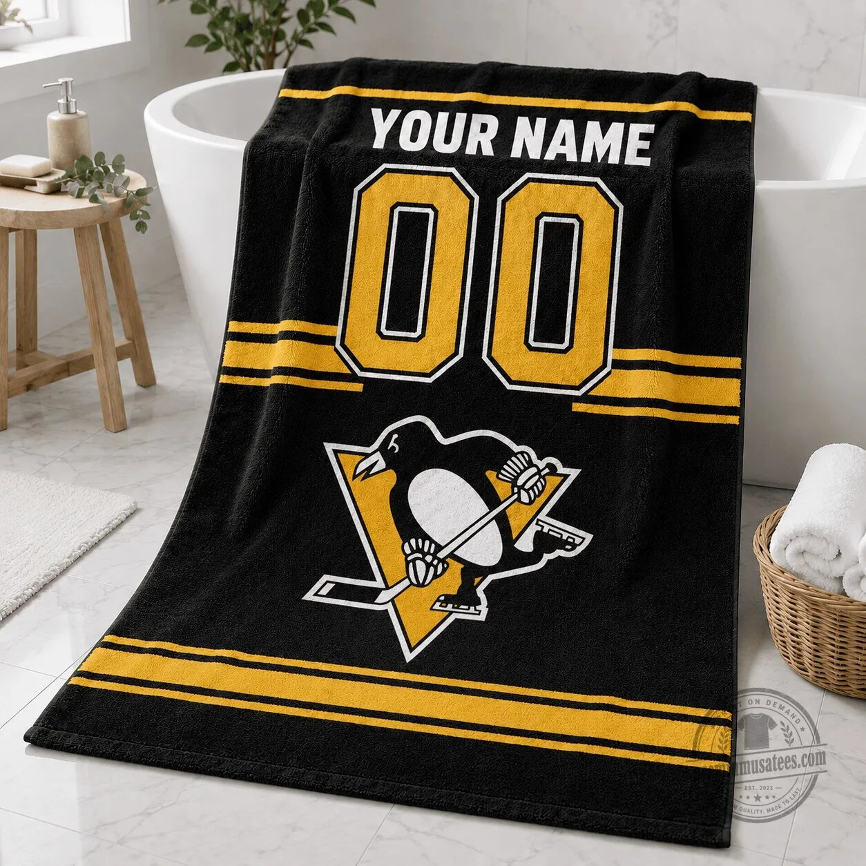 Pittsburgh Penguins Personalized Black and Gold Hockey Jersey Bath Towel