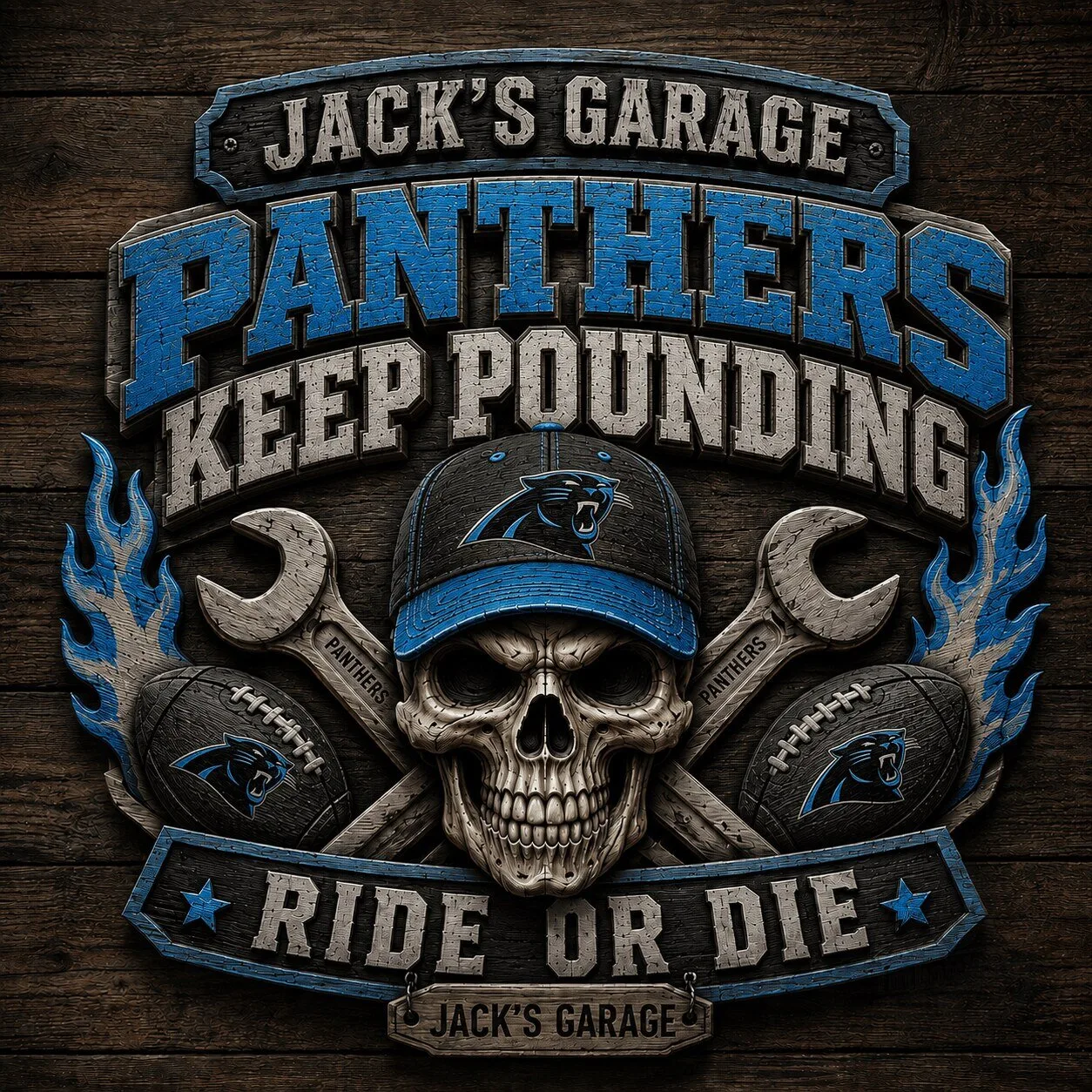 Carolina Panthers Keep Pounding Skull Garage Wooden Sign for Football Fans
