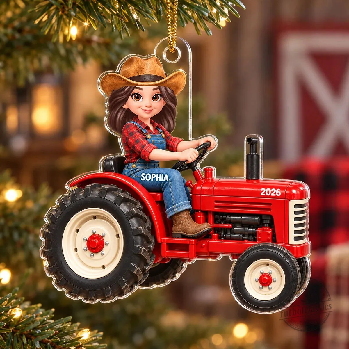Personalized Female Farmer Driving Red Tractor Christmas Tree Ornament