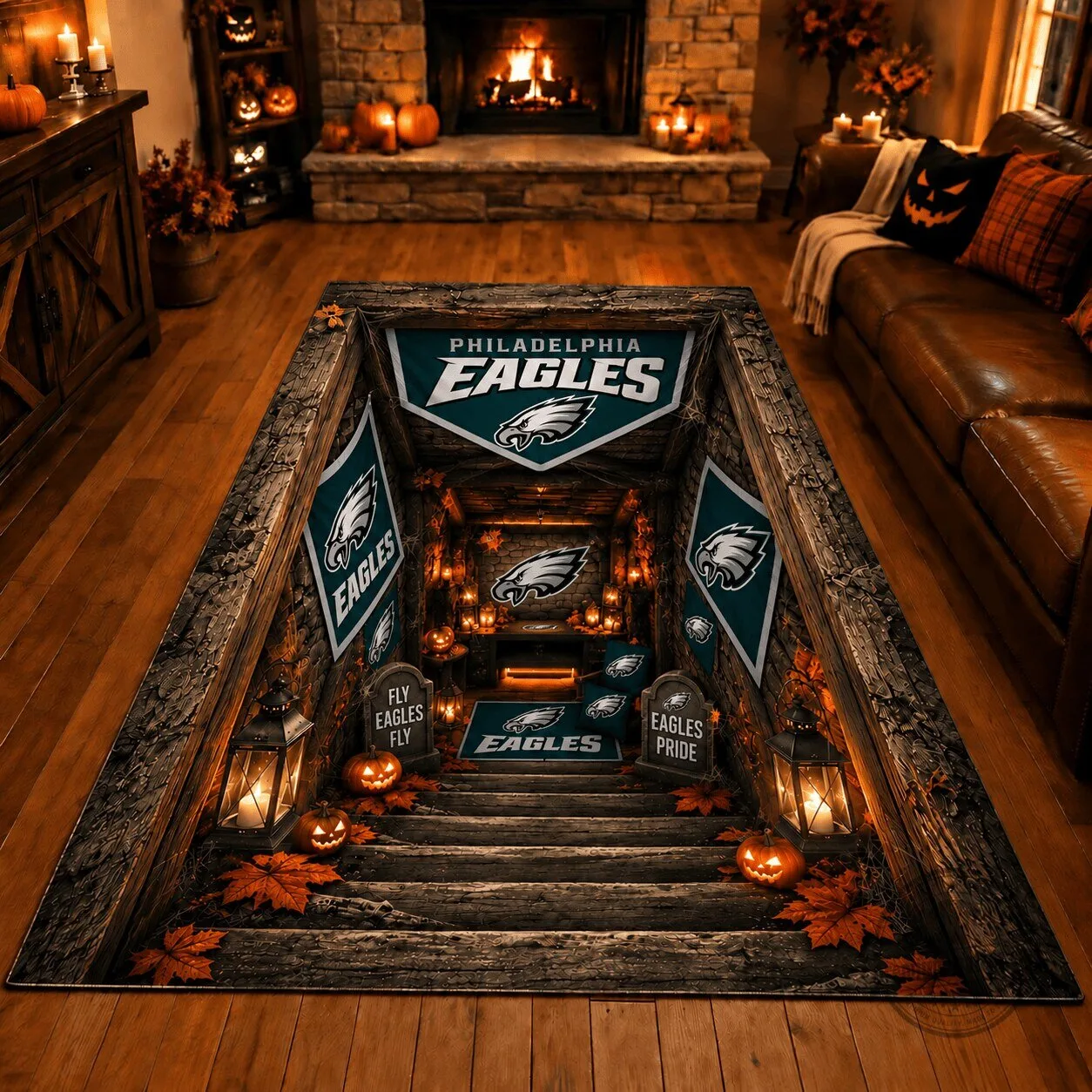 Philadelphia Eagles Halloween 3D Optical Illusion Fan Cave Area Rug