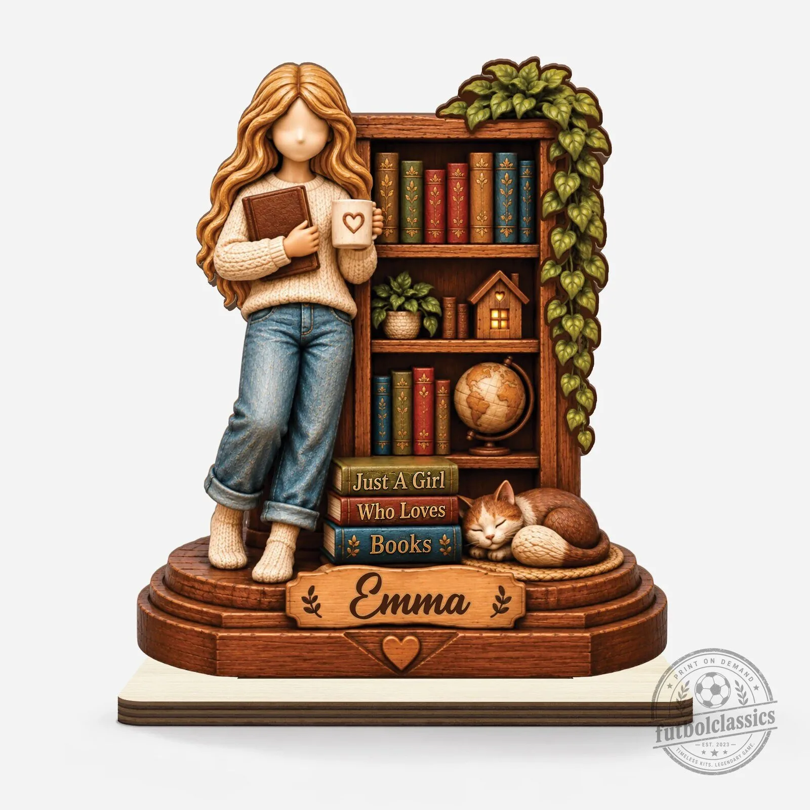 Personalized Bookish Girl with Cat and Bookshelf Wooden Plaque for Book Lovers