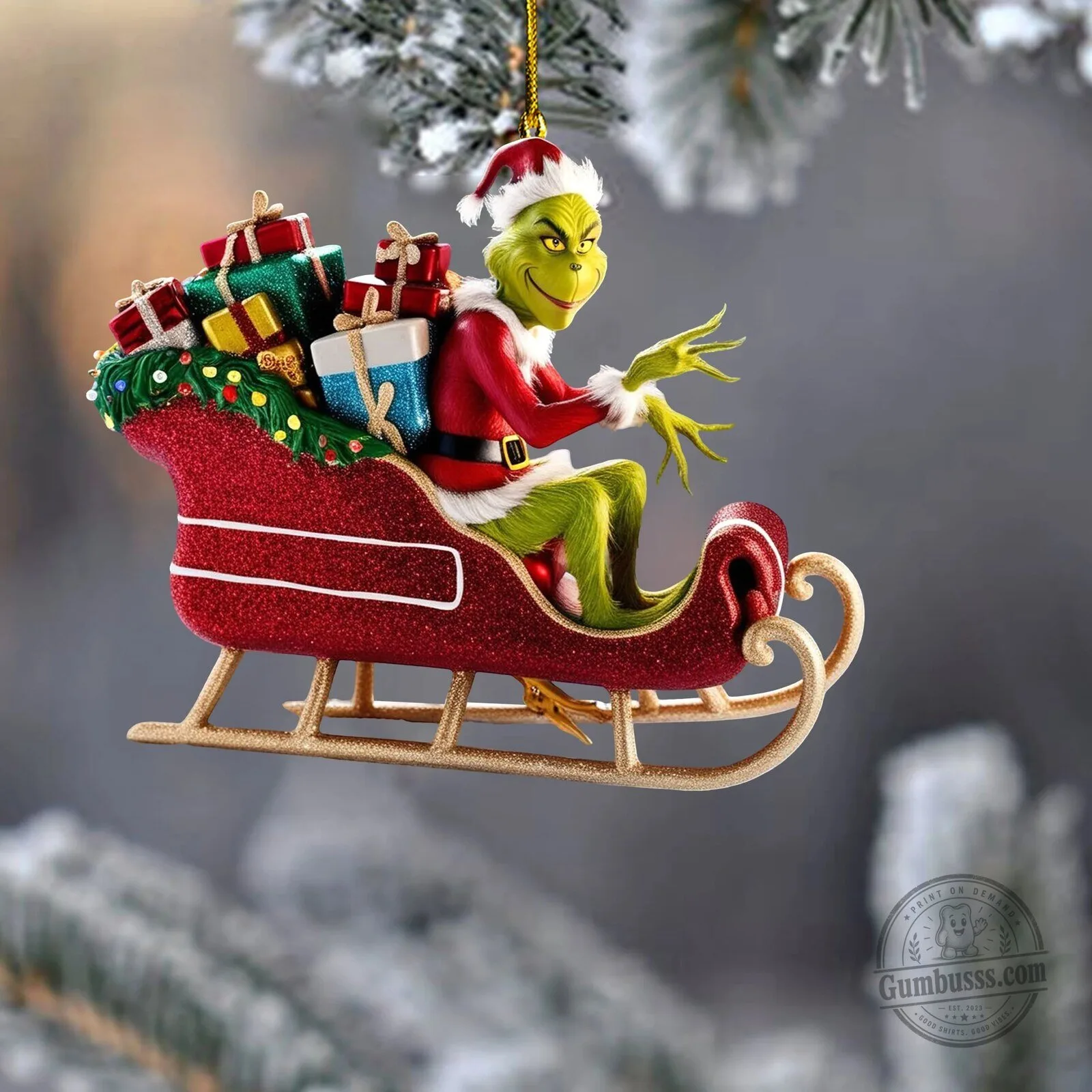 Grinch Christmas Sleigh Holiday Ornament with Gifts and Santa Hat 1 Grinch Christmas Sleigh Holiday Ornament with Gifts and Santa Hat
