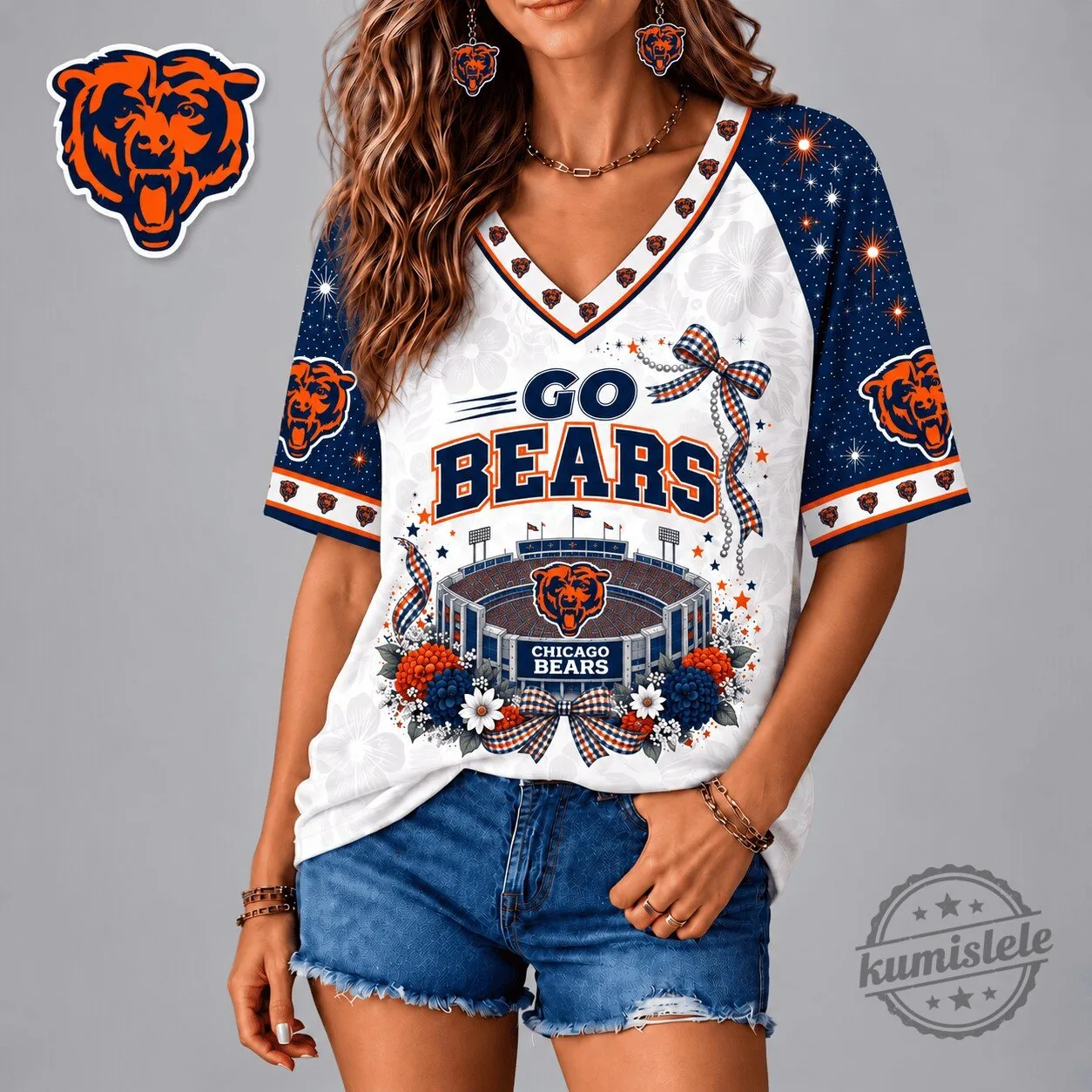 Chicago Bears NFL Football Team Patriotic Floral Print V-Neck T-Shirt