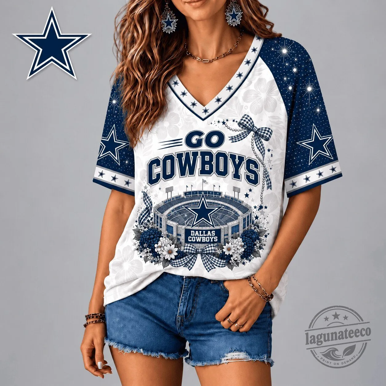 Dallas Cowboys Go Cowboys Patriotic Floral V-Neck Short Sleeve T-Shirt
