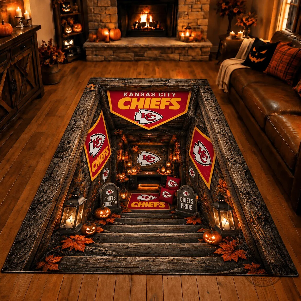 Kansas City Chiefs Halloween Football Fan Cave Area Rug