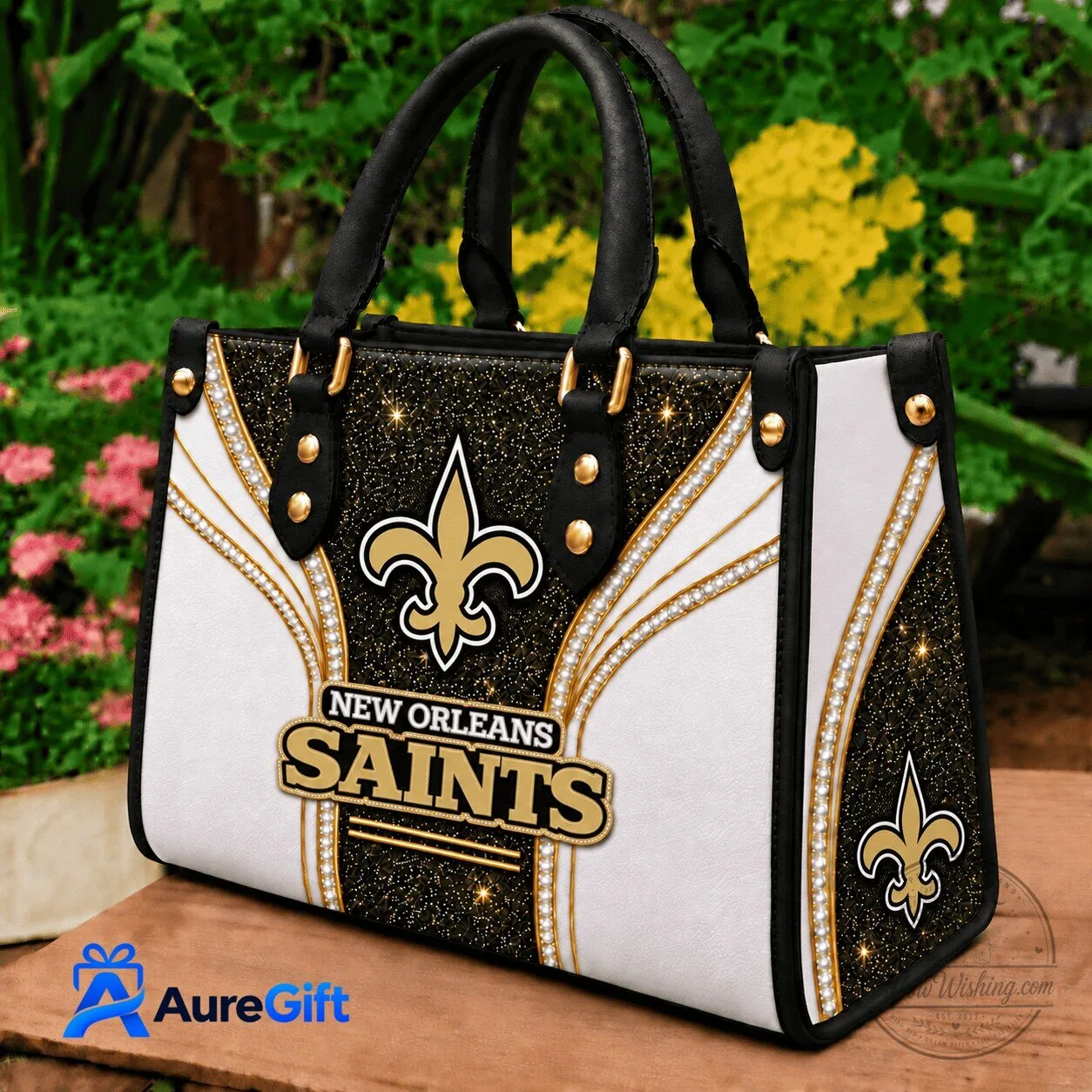 New Orleans Saints Gold Glitter Diamond Pattern Black and White Leather Handbag 5 New Orleans Saints Gold Glitter Diamond Pattern Black and White Leather Handbag