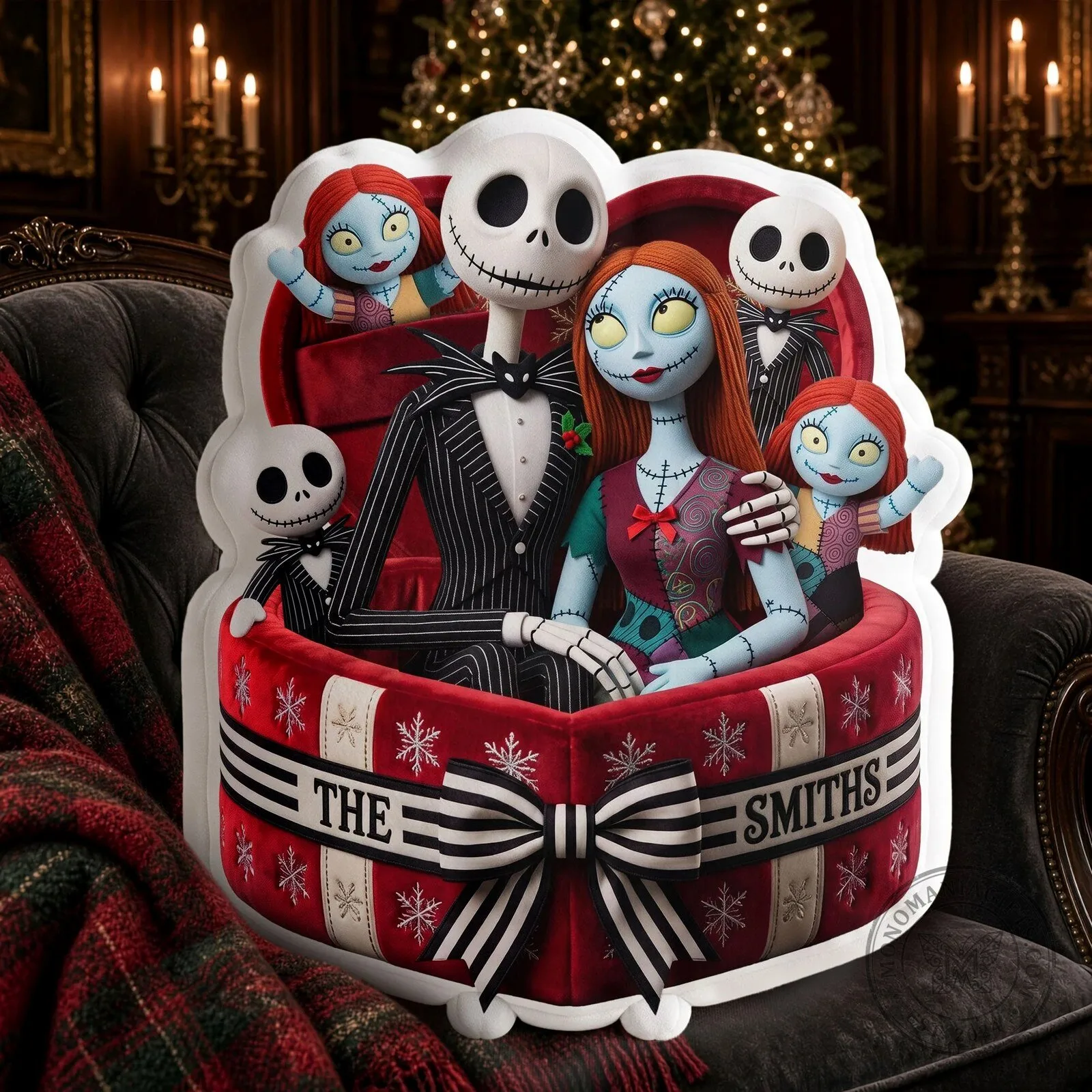 Nightmare Before Christmas Jack Skellington Sally Family Heart Shaped Pillow
