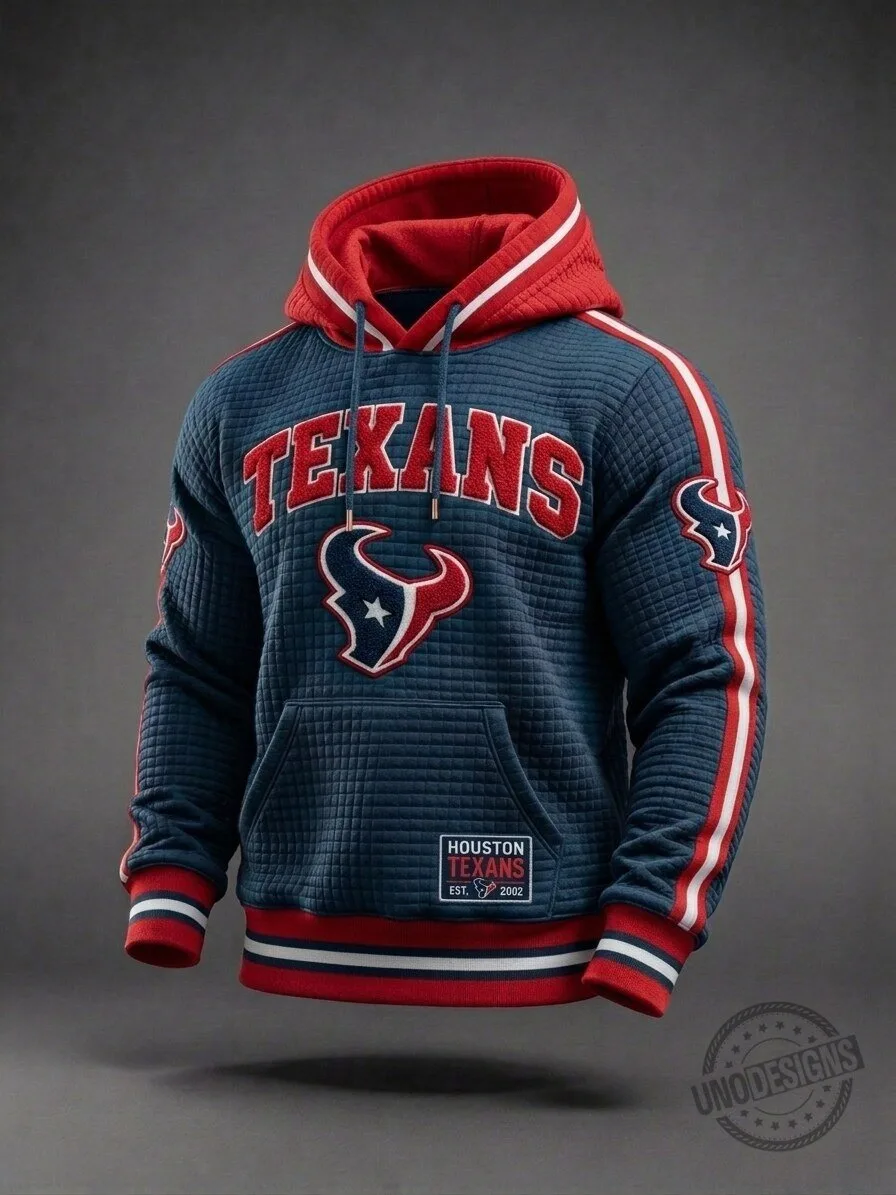 Houston Texans NFL Football Team Quilted Navy Blue and Red Drawstring Hoodie