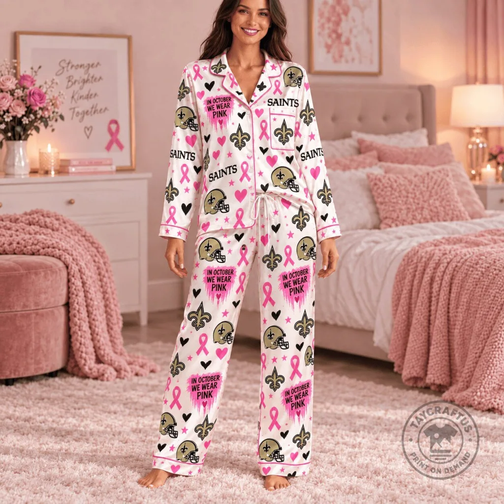 New Orleans Saints Breast Cancer Awareness Pink Ribbon Pajamas for Women New Orleans Saints Breast Cancer Awareness Pink Ribbon Pajamas for Women