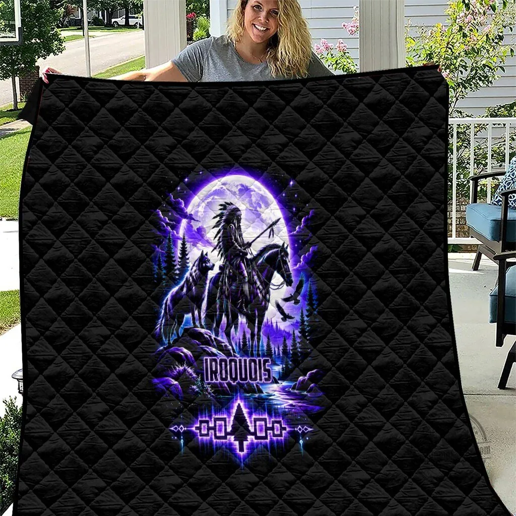 Iroquois Native American Warrior Quilt With Wolf And Moon Tribal Art