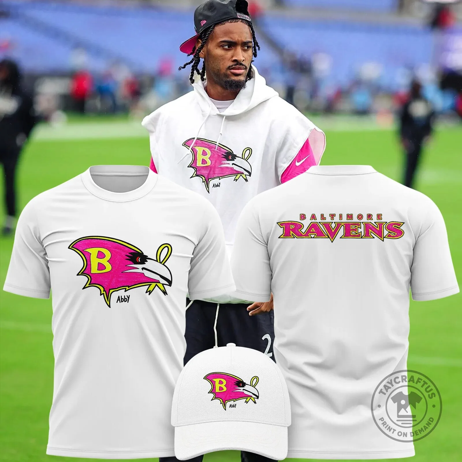 Baltimore Ravens Pink Logo Breast Cancer Awareness White T-Shirt