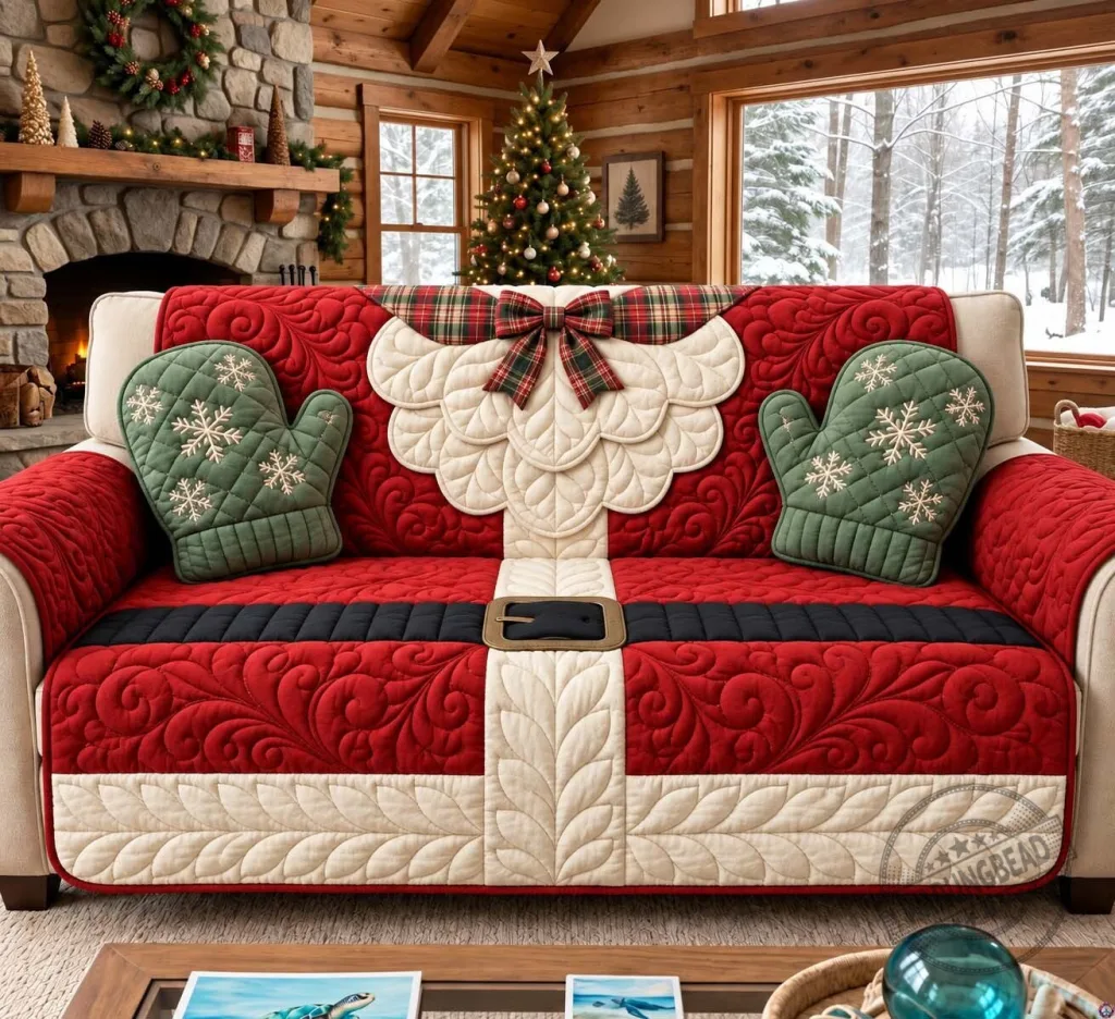 Santa Claus Christmas Quilted Sofa Cover with Mittens and Belt Design Santa Claus Christmas Quilted Sofa Cover with Mittens and Belt Design