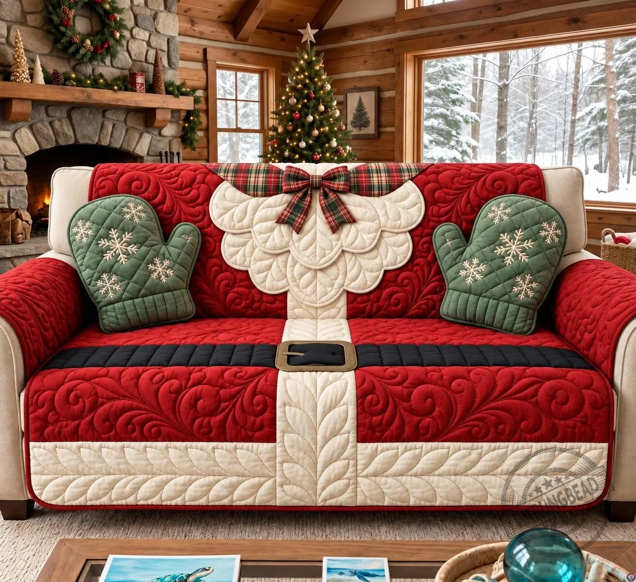 Santa Claus Christmas Quilted Sofa Cover with Mittens and Belt Design