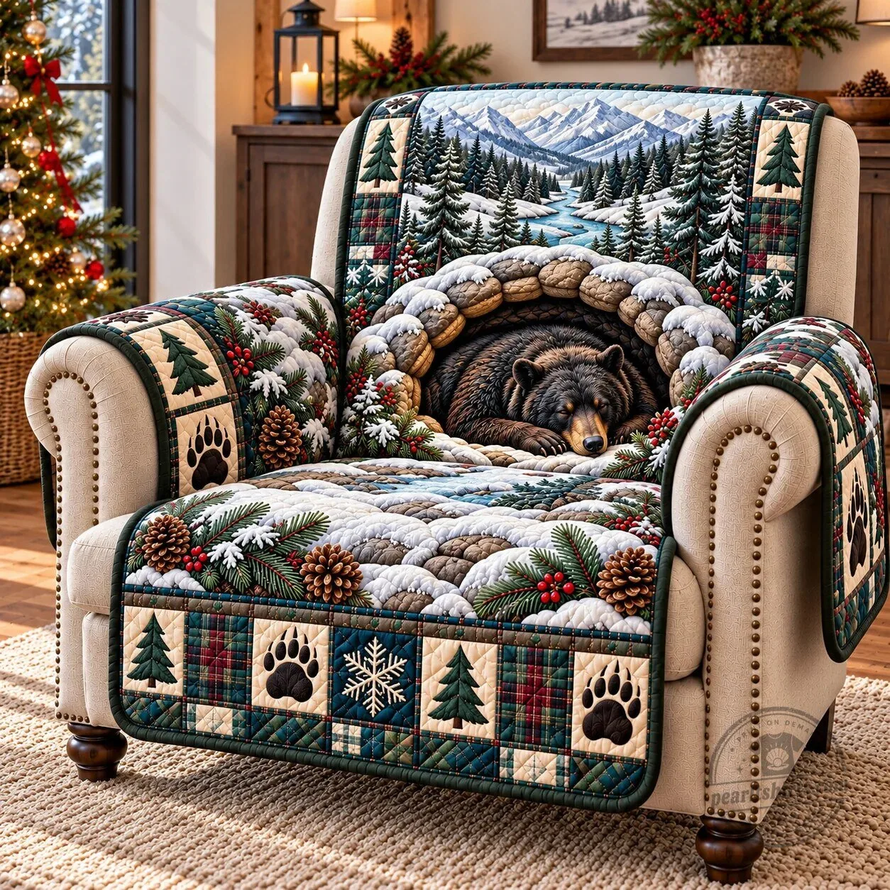 Rustic Winter Bear Quilted Sofa Cover for Living Room Furniture Protection