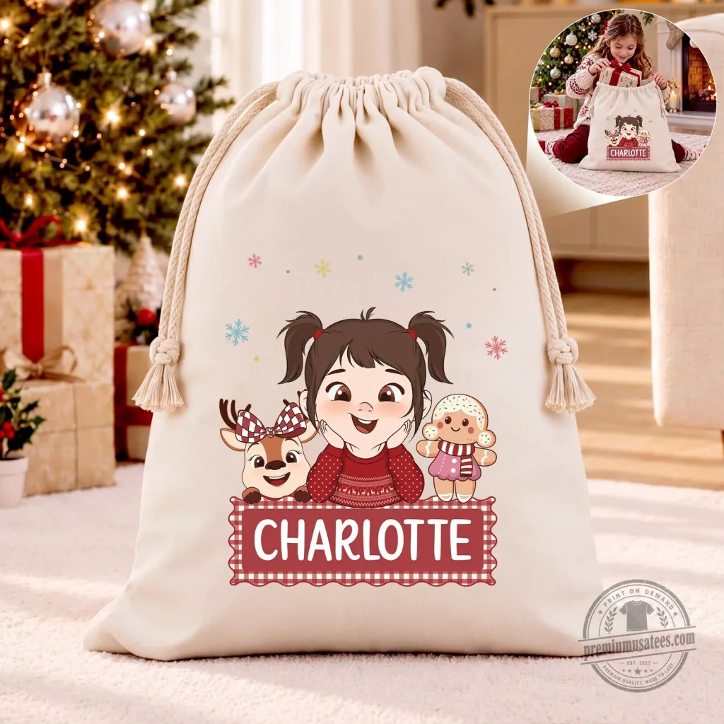 Personalized Christmas Girl And Reindeer Gingerbread Man Drawstring Gift Bag Personalized Christmas Girl And Reindeer Gingerbread Man Drawstring Gift Bag