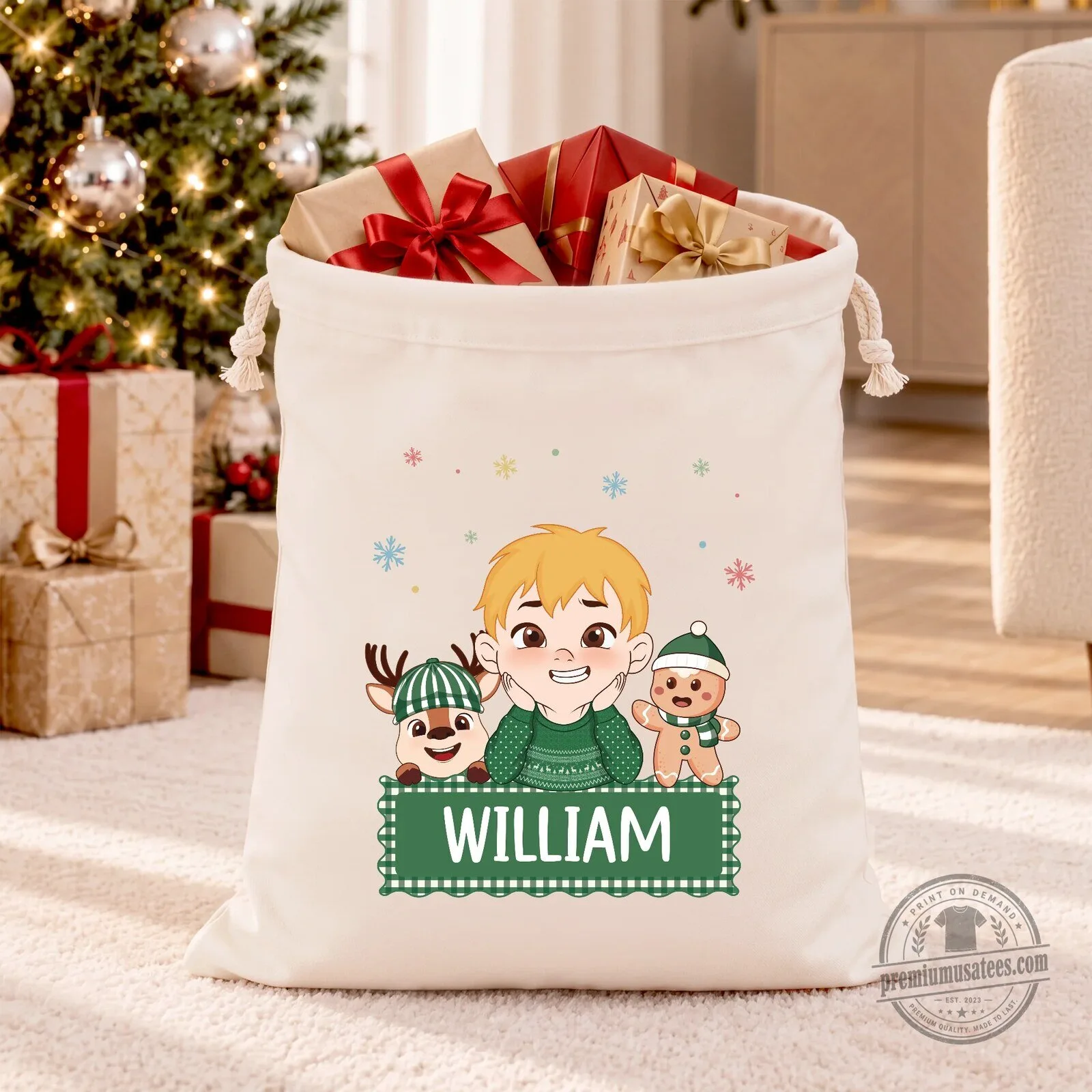 Personalized Christmas Girl And Reindeer Gingerbread Man Drawstring Gift Bag 7 Personalized Christmas Girl And Reindeer Gingerbread Man Drawstring Gift Bag