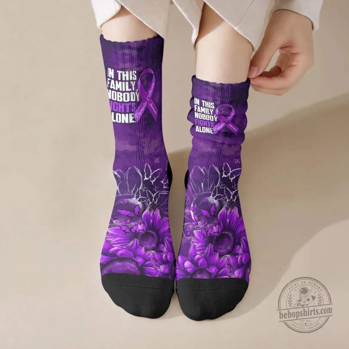 Domestic Violence Awareness Purple Ribbon Sunflower Crew Socks