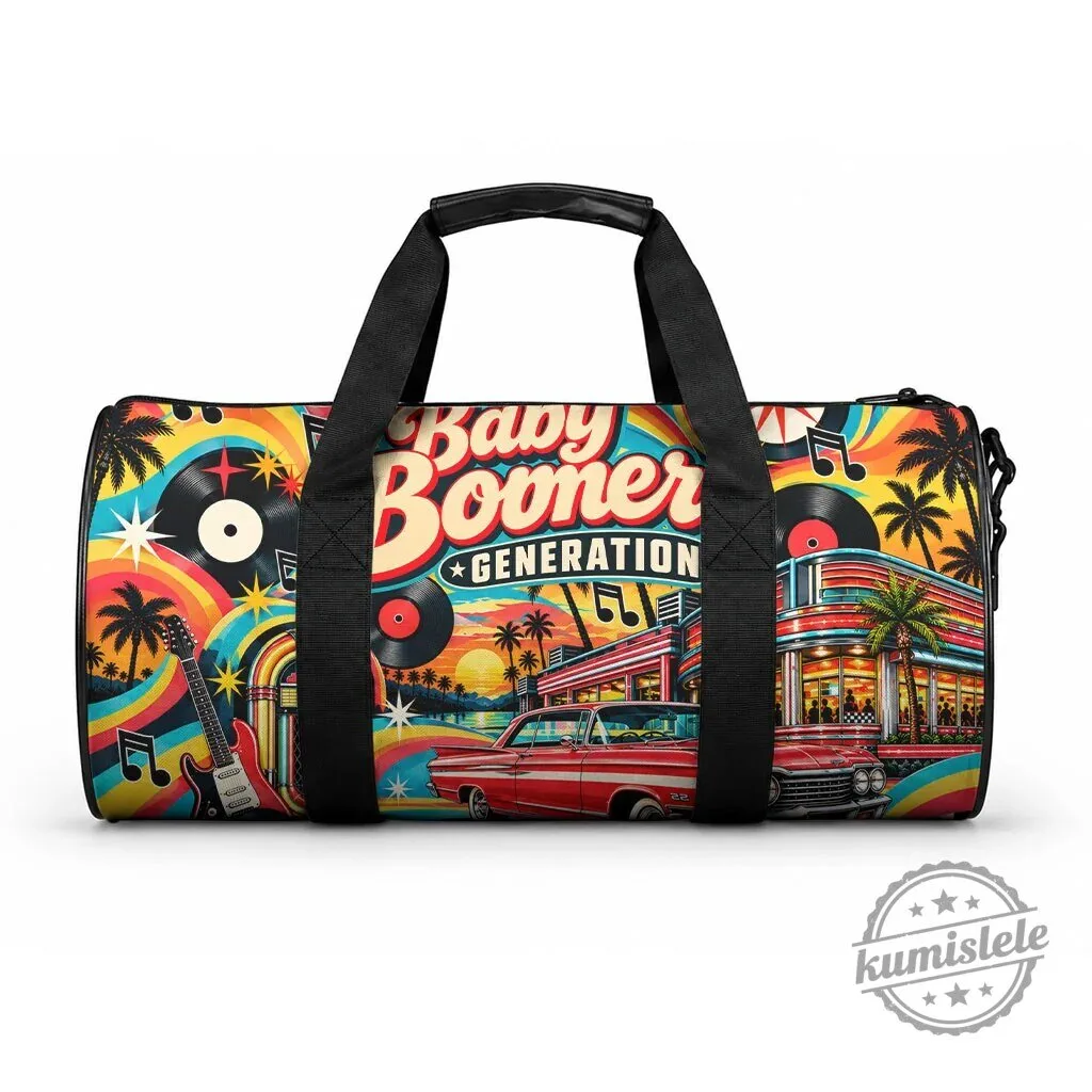 Baby Boomer Generation Vintage Retro Classic Car and Vinyl Records Duffle Bag