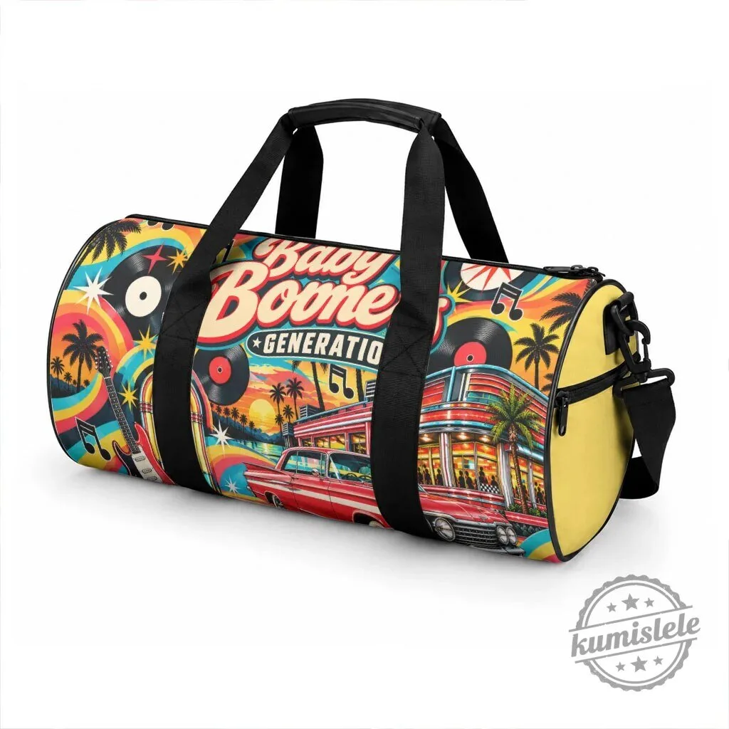Baby Boomer Generation Vintage Retro Classic Car and Vinyl Records Duffle Bag – image 2 of 4