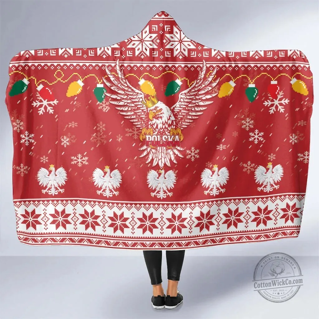 Poland Christmas White Eagle Hooded Blanket with Snow Theme and Holiday Lights