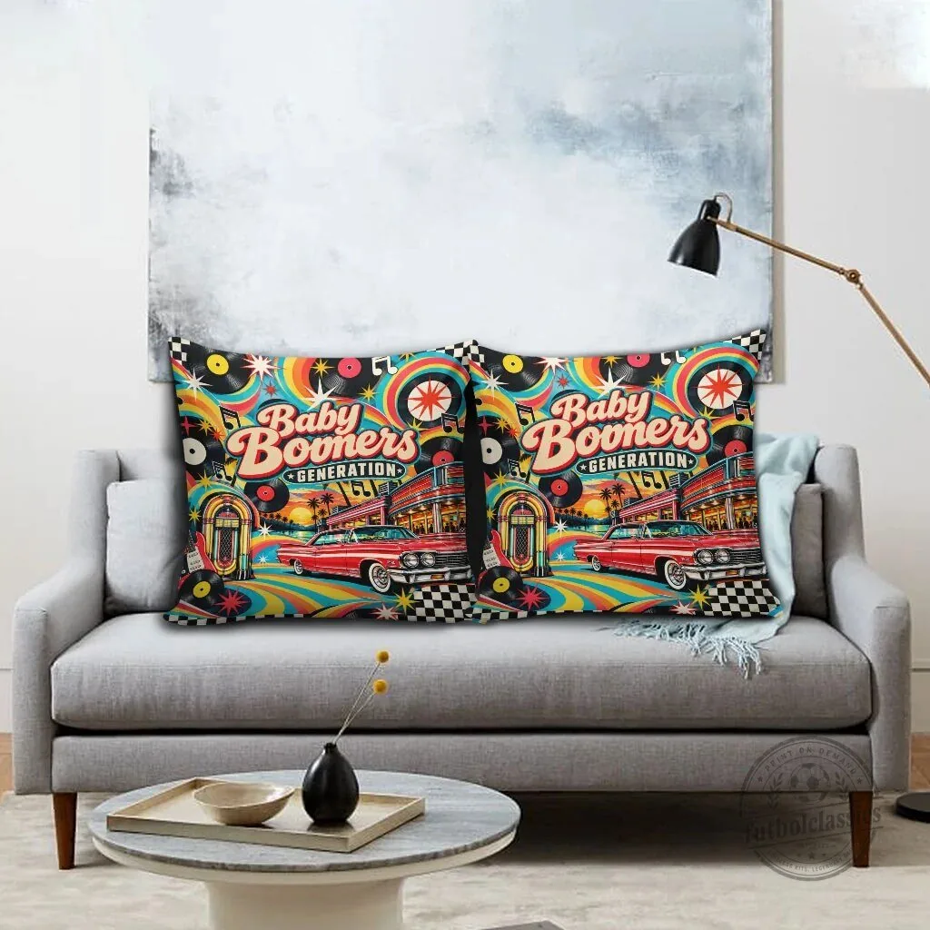 Baby Boomers Generation Vintage Retro Classic Car And Vinyl Records Nostalgia Pillow – image 2 of 5