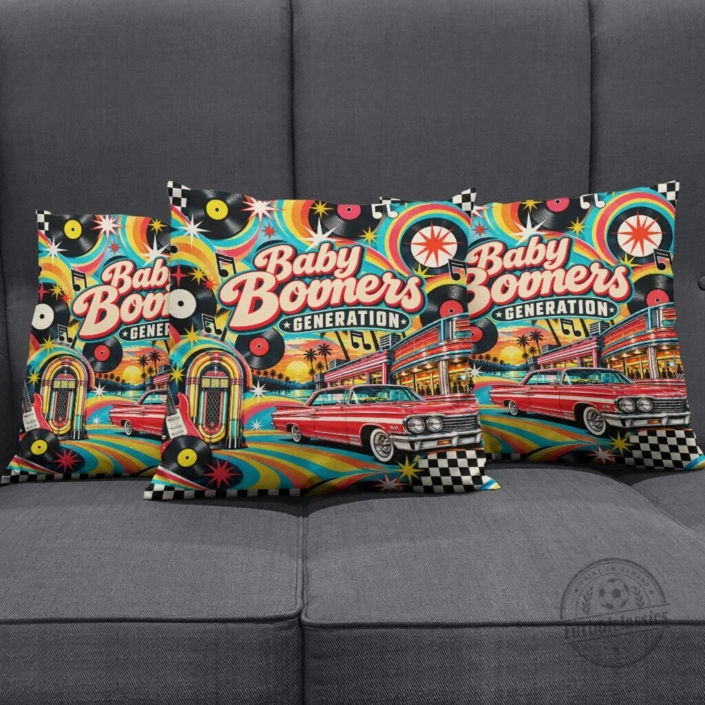 Baby Boomers Generation Vintage Retro Classic Car And Vinyl Records Nostalgia Pillow – image 3 of 5