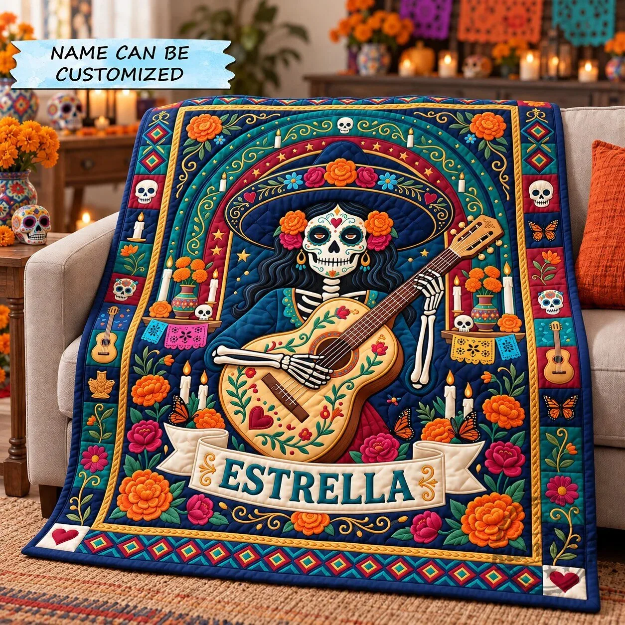 Personalized Day of the Dead Sugar Skull Woman Playing Guitar Quilted Blanket