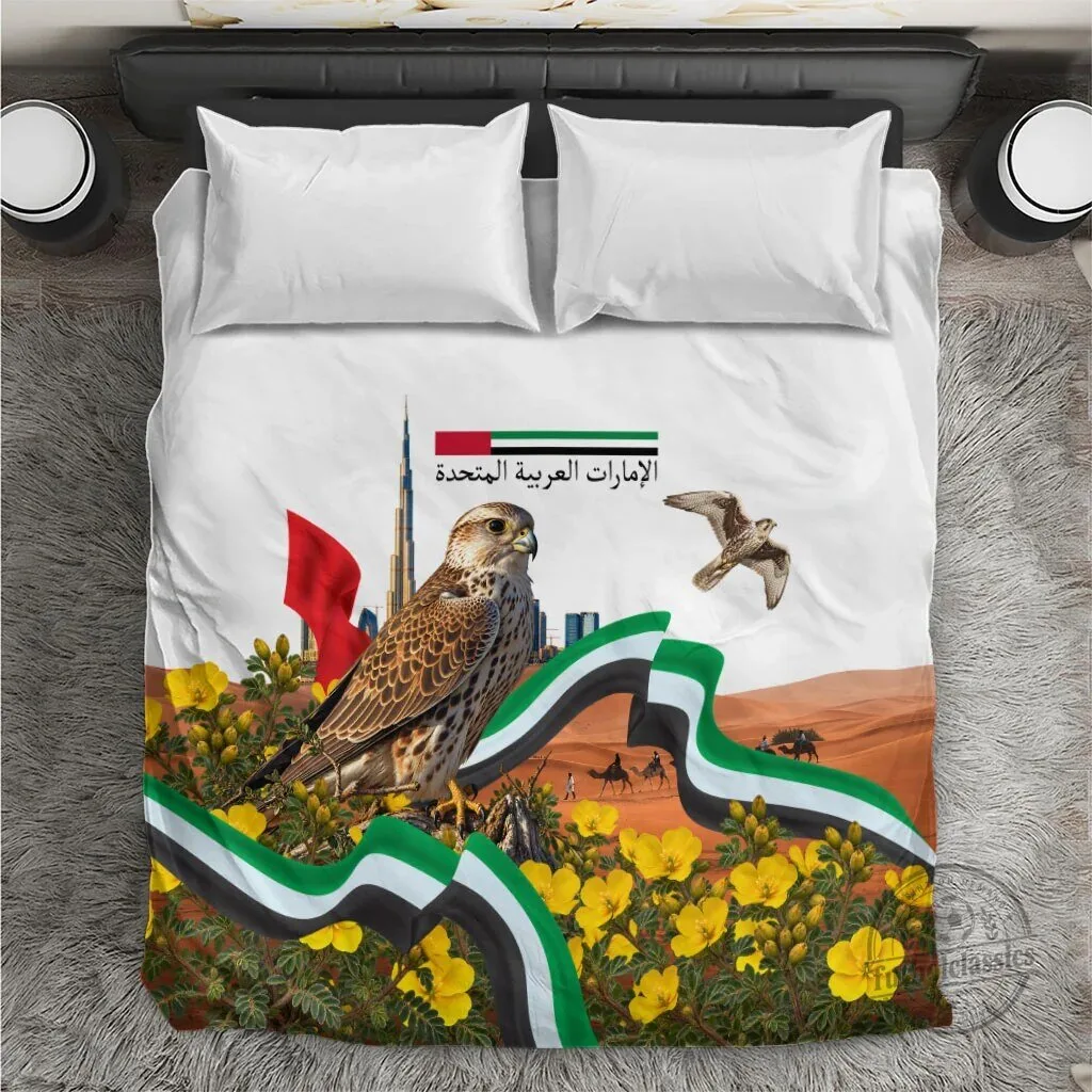 United Arab Emirates National Day Falcon and Burj Khalifa Desert Landscape Bedding Set