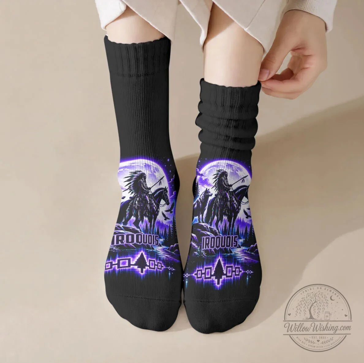 Iroquois Native American Warrior Moonlit Wolf Riding Horse Crew Socks 7 Iroquois Native American Warrior Moonlit Wolf Riding Horse Crew Socks