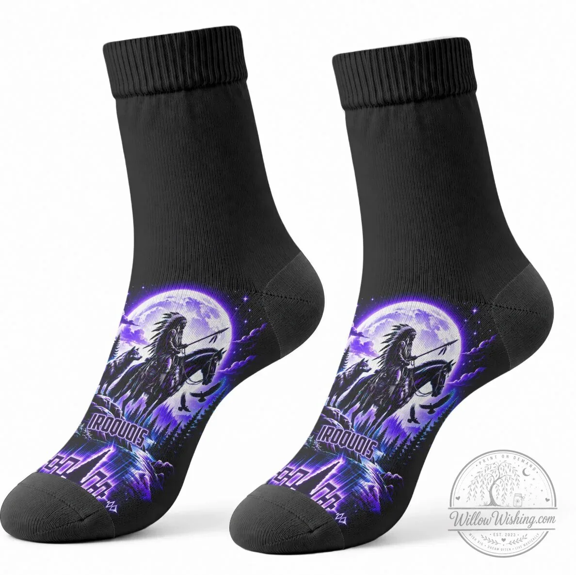 Iroquois Native American Warrior Moonlit Wolf Riding Horse Crew Socks 8 Iroquois Native American Warrior Moonlit Wolf Riding Horse Crew Socks