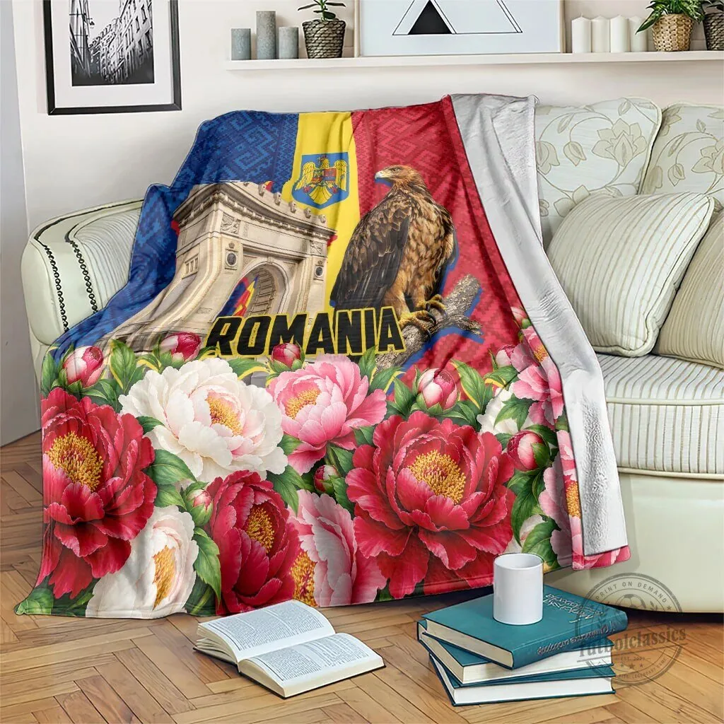 Romania Flag Eagle Arcul de Triumf Peony Flowers Traditional Folk Pattern Blanket