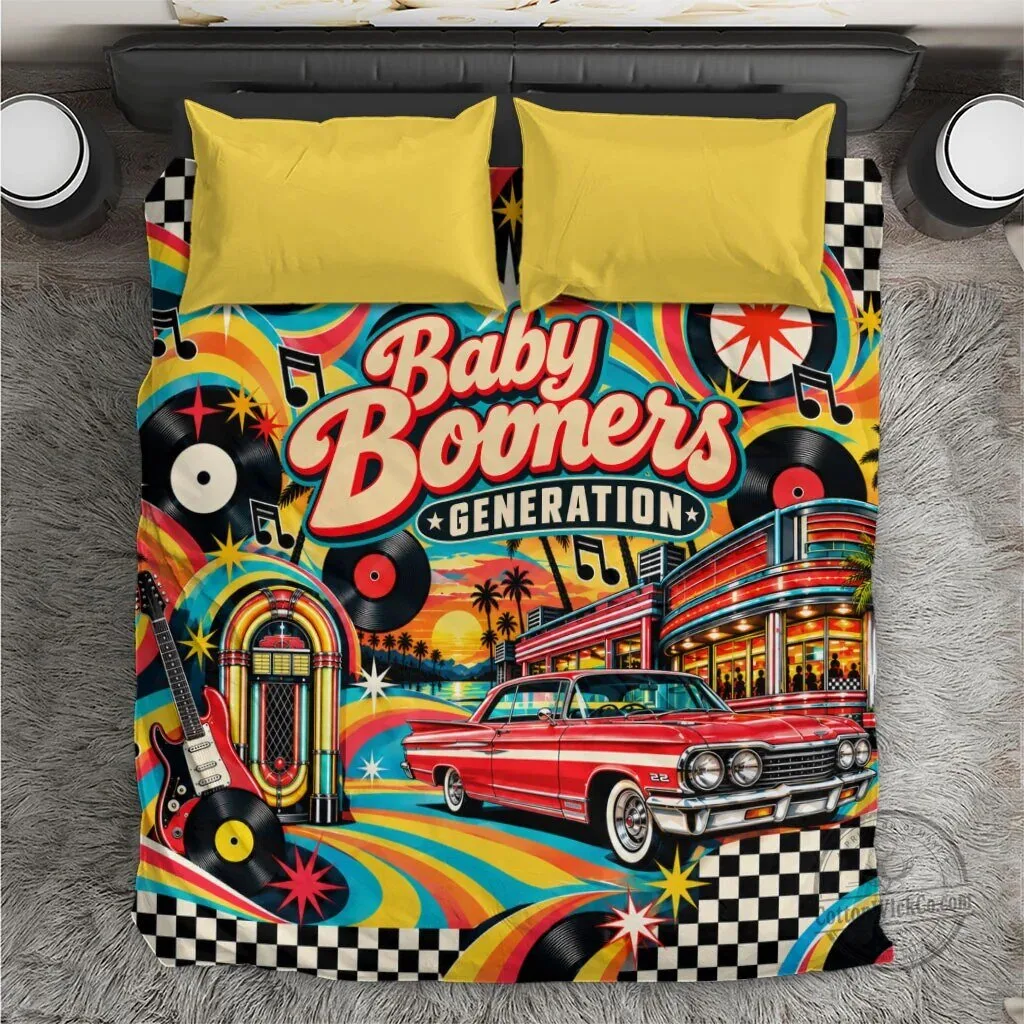 Baby Boomers Generation Vintage Retro Classic Car And Vinyl Records Bedding Set