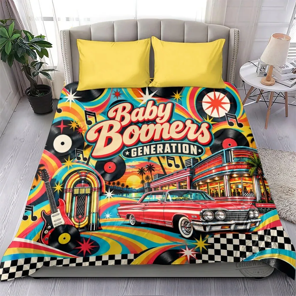 Baby Boomers Generation Vintage Retro Classic Car And Vinyl Records Bedding Set 8 Baby Boomers Generation Vintage Retro Classic Car And Vinyl Records Bedding Set
