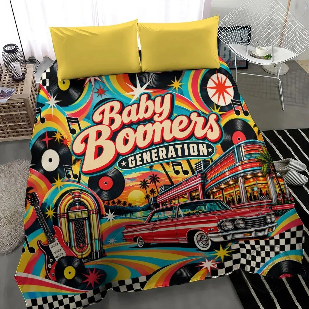 Baby Boomers Generation Vintage Retro Classic Car And Vinyl Records Bedding Set 9 Baby Boomers Generation Vintage Retro Classic Car And Vinyl Records Bedding Set