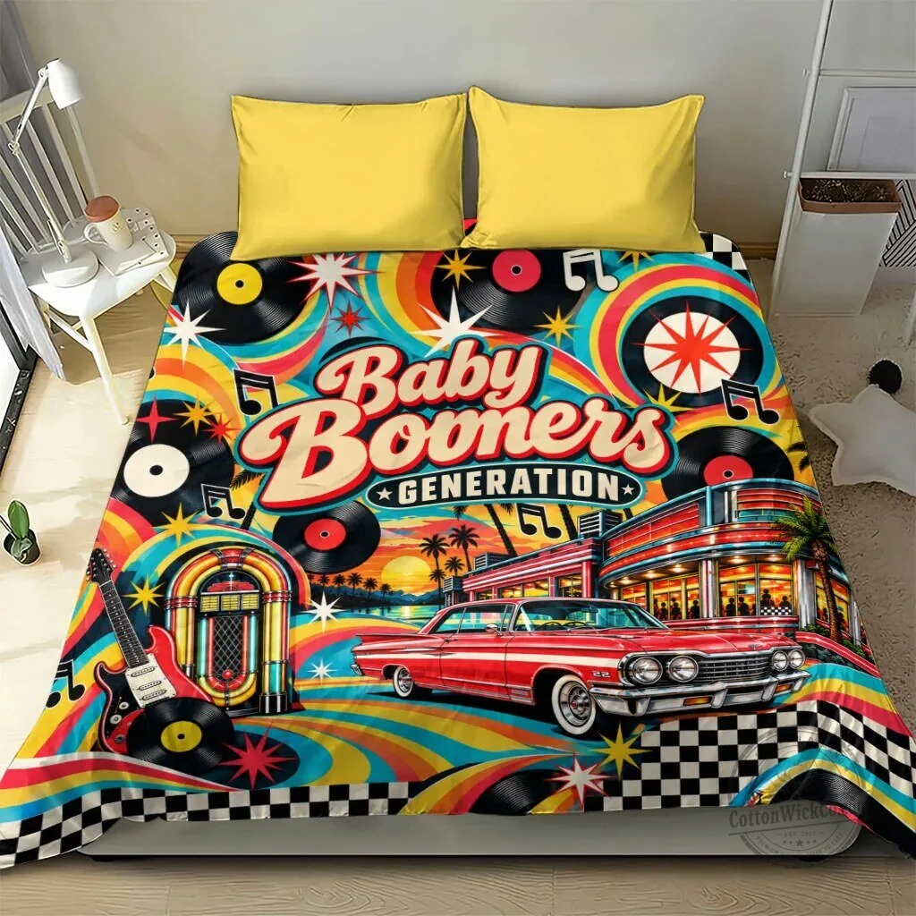 Baby Boomers Generation Vintage Retro Classic Car And Vinyl Records Bedding Set 10 Baby Boomers Generation Vintage Retro Classic Car And Vinyl Records Bedding Set