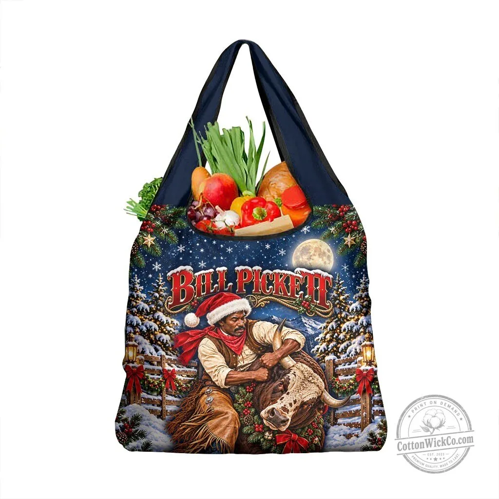 Bill Pickett Christmas Bull Rider Grocery Bag Snowy Winter Western Rodeo Night Art TS04