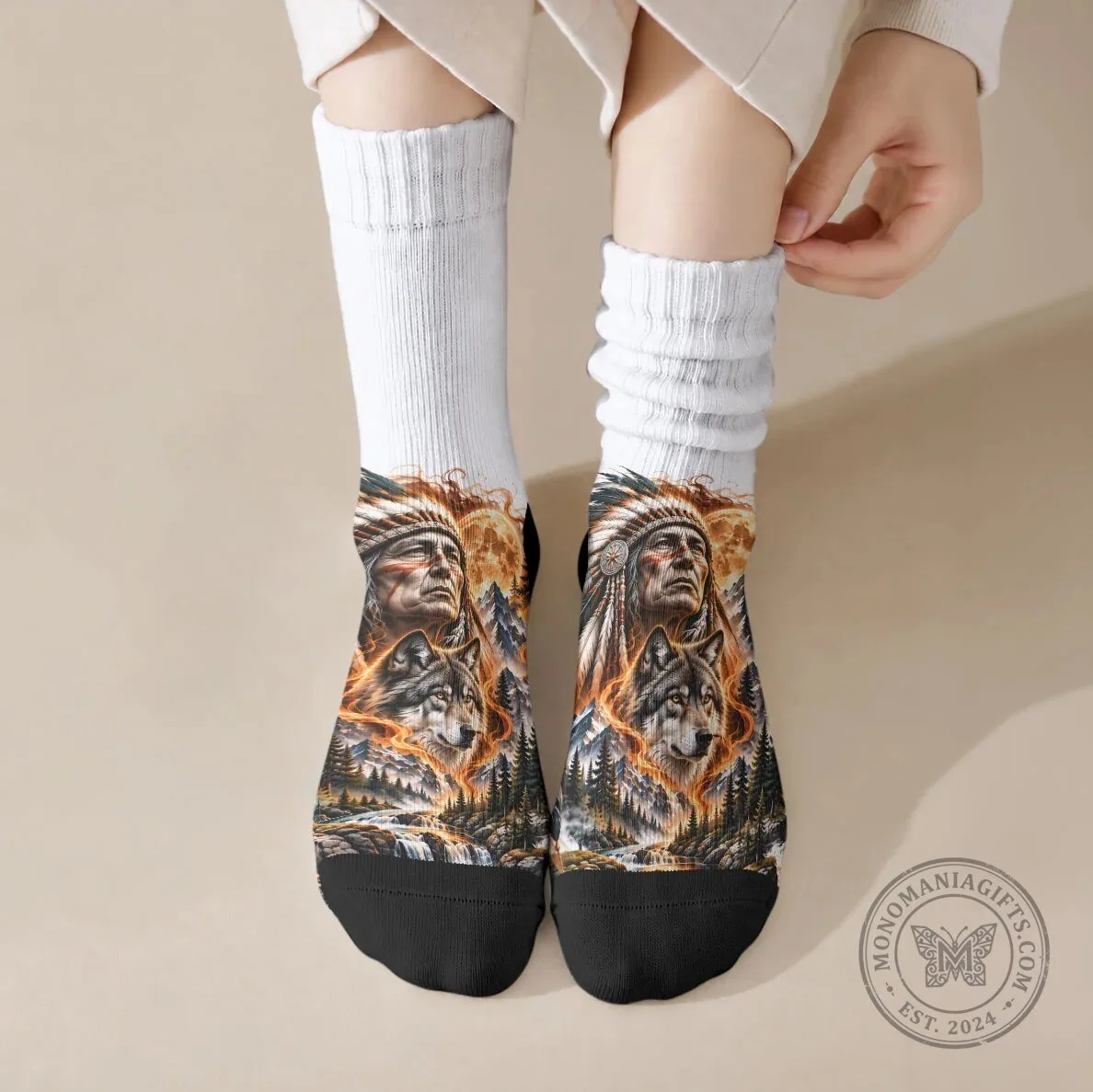 Native American Chief and Wolf Tribal Nature Landscape Art Crew Socks 5 Native American Chief and Wolf Tribal Nature Landscape Art Crew Socks