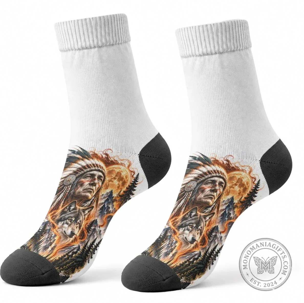 Native American Chief and Wolf Tribal Nature Landscape Art Crew Socks 6 Native American Chief and Wolf Tribal Nature Landscape Art Crew Socks