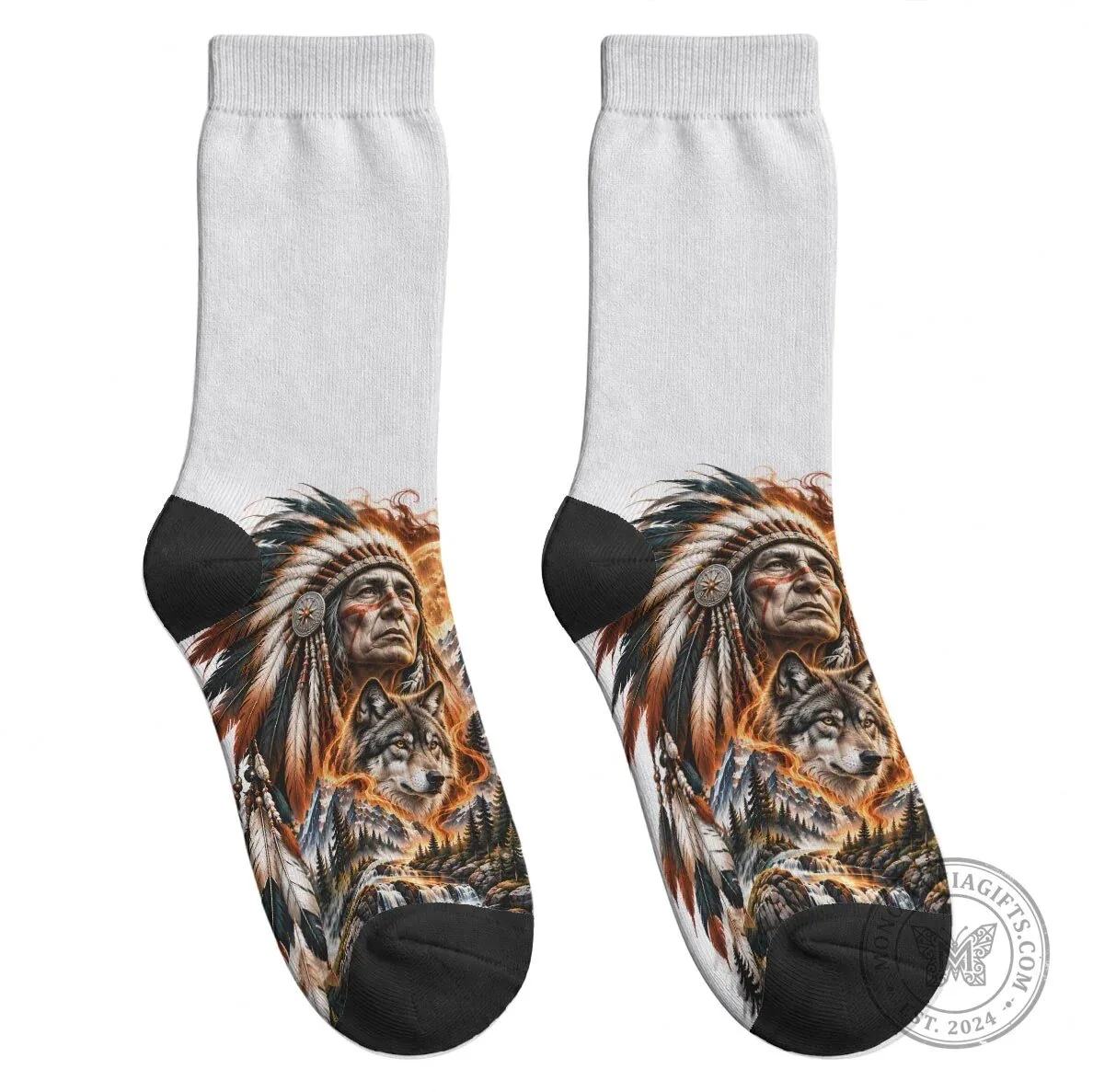 Native American Chief and Wolf Tribal Nature Landscape Art Crew Socks 7 Native American Chief and Wolf Tribal Nature Landscape Art Crew Socks