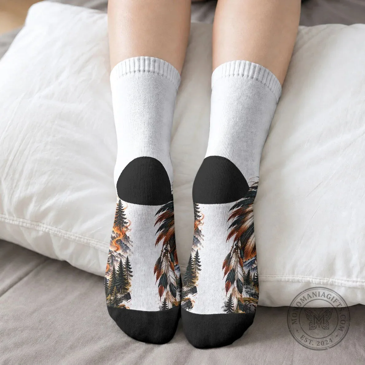 Native American Chief and Wolf Tribal Nature Landscape Art Crew Socks 8 Native American Chief and Wolf Tribal Nature Landscape Art Crew Socks