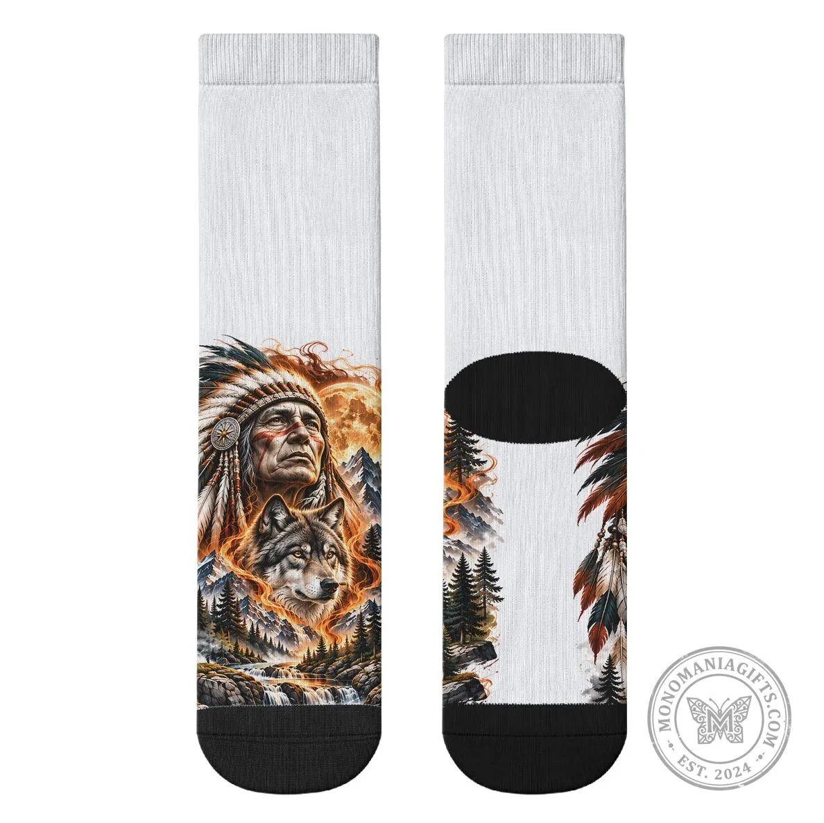 Native American Chief and Wolf Tribal Nature Landscape Art Crew Socks 9 Native American Chief and Wolf Tribal Nature Landscape Art Crew Socks