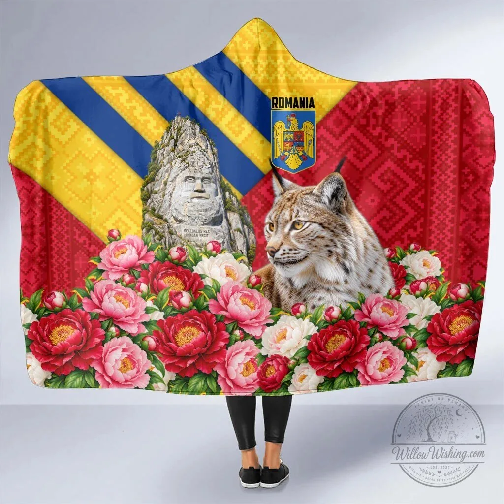 Romania Flag Lynx And Decebalus Rex Hooded Blanket With Traditional Peony Floral Motifs 1 Romania Flag Lynx And Decebalus Rex Hooded Blanket With Traditional Peony Floral Motifs