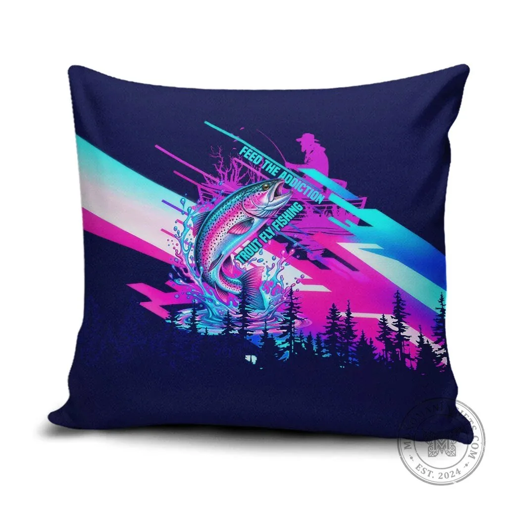 Trout Fly Fishing Born To Cast Vibrant Neon Cyberpunk Abstract Rainbow Trout Pillow