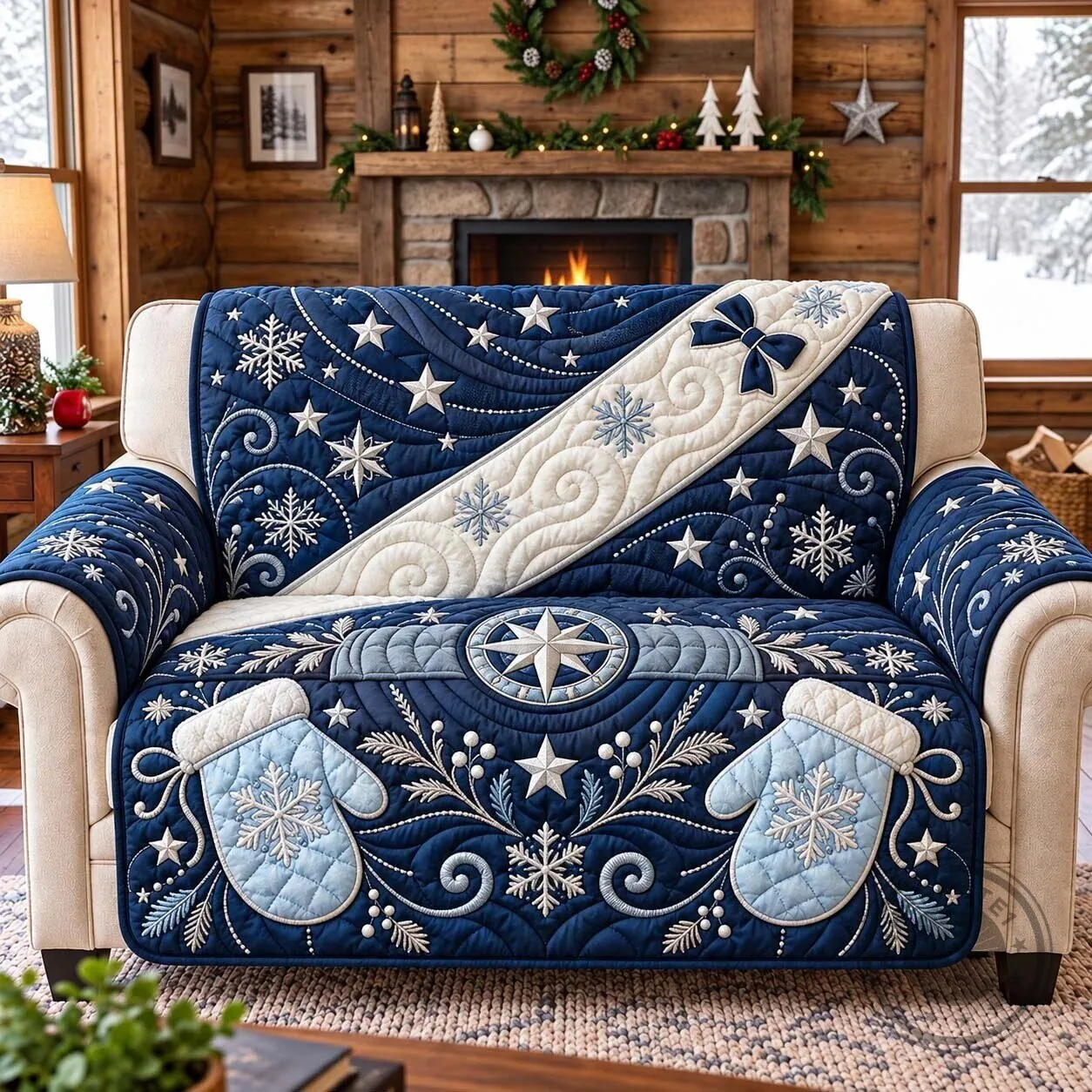 Midnight Winter Magic Quilted Sofa Cover with Snowflakes and Mittens