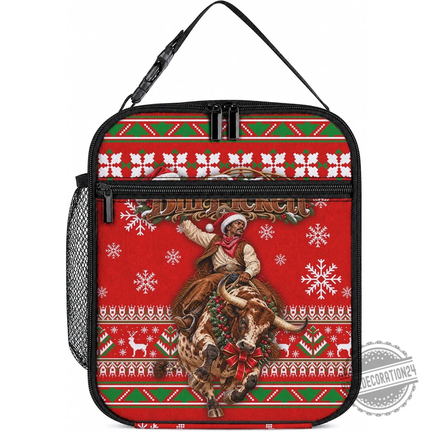 Christmas Cowboy Bill Pickett Rodeo Bull Rider Insulated Lunch Bag