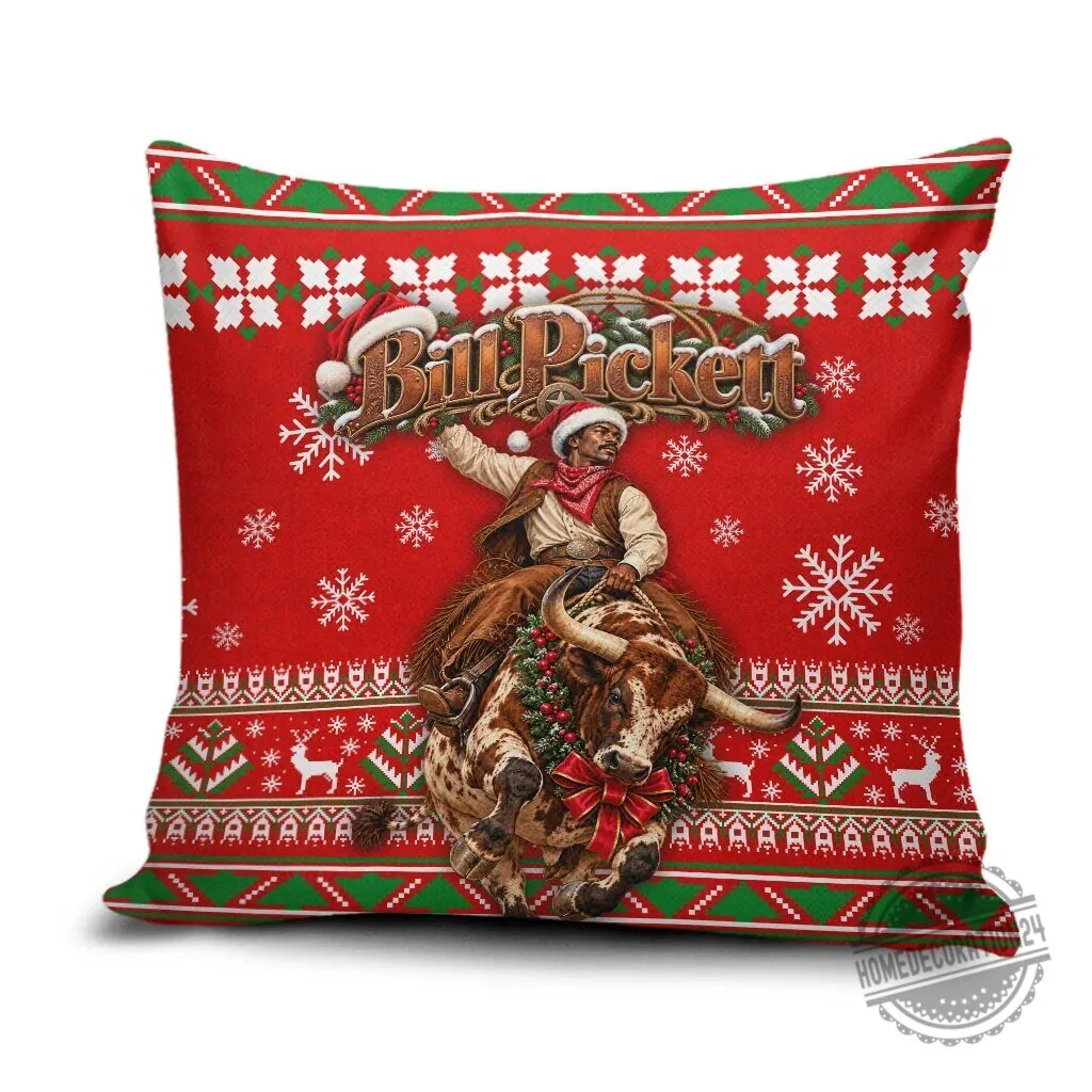 Bill Pickett Christmas Cowboy Rodeo Ugly Sweater Style Throw Pillow
