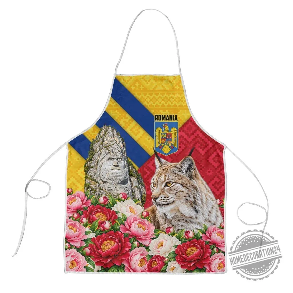 Romania Lynx and Decebalus Rex Traditional Folk Pattern Peony Floral Apron